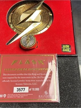 The Flash Glow-in-the-Dark Symbol Ring and Pin Set - Red and Gold
